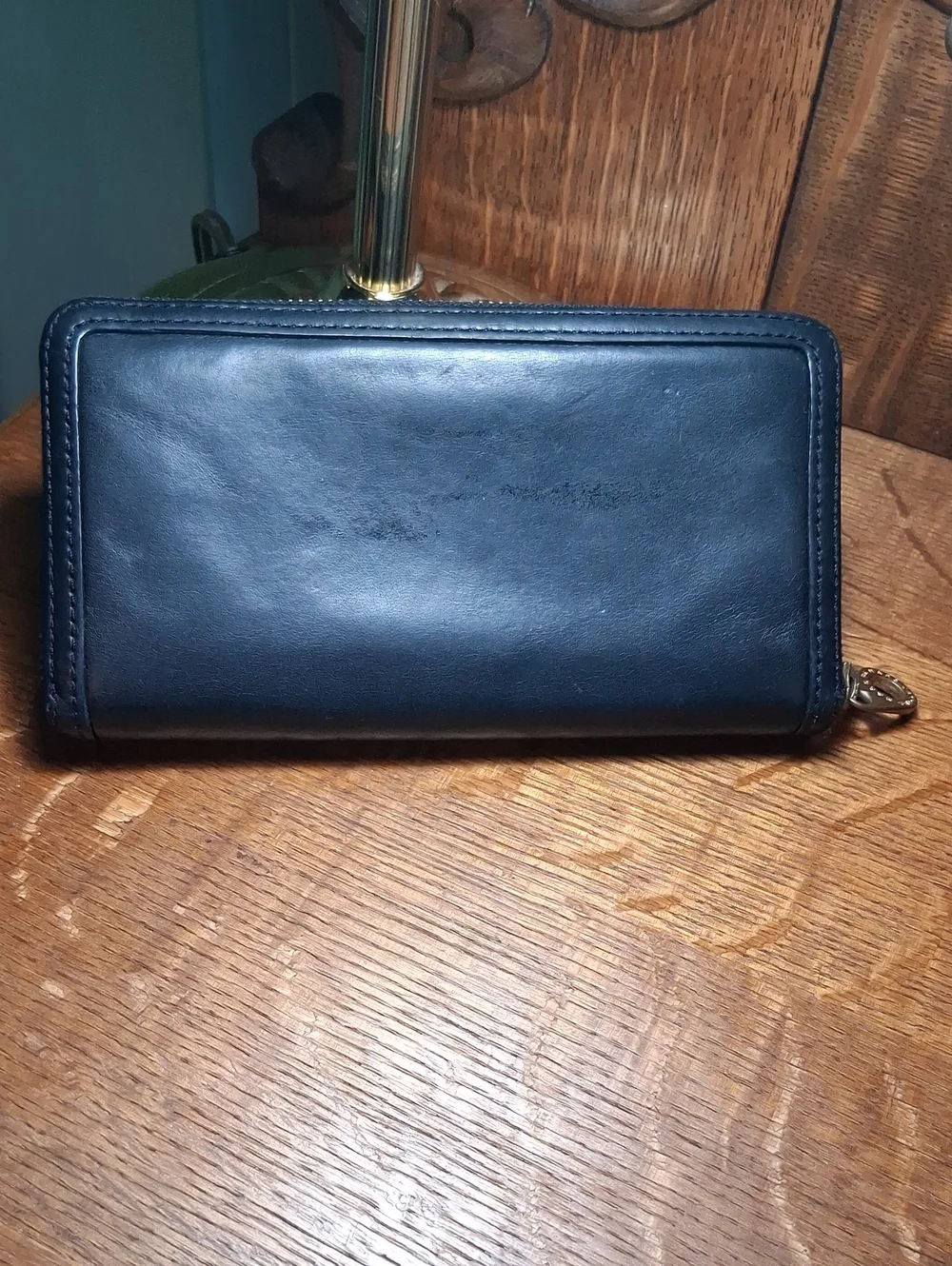 Marc by Marc Jacobs Black Leather Accordion Zip Around Wallet with Gold Hardware
